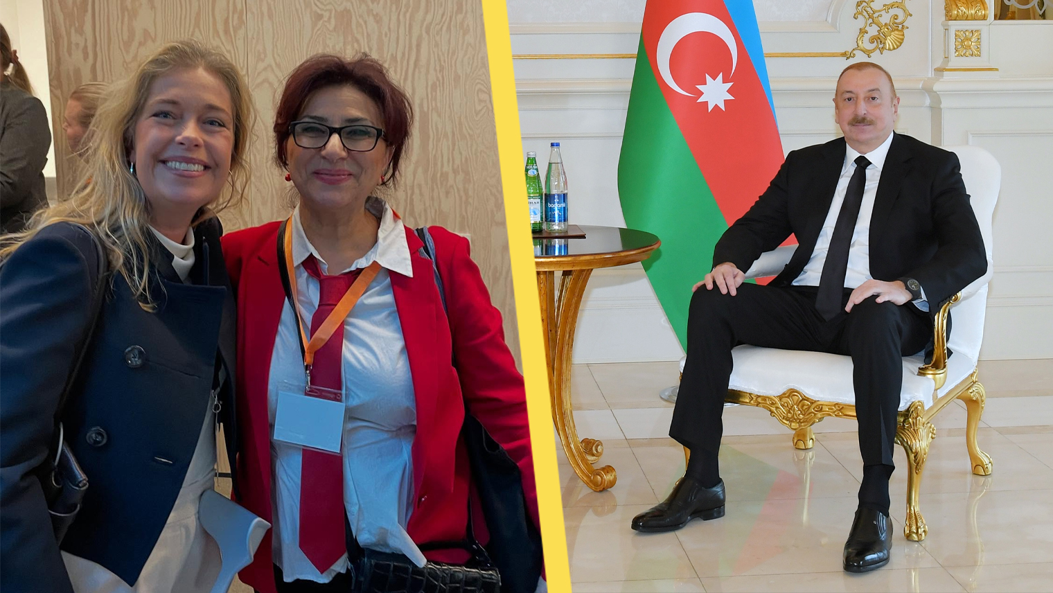 Irada Alieva-Söderberg med Annika Strandhäll / Azerbajdzjans president Ilham Aliyev. Foto: Facebook / President.az, CC BY 4.0