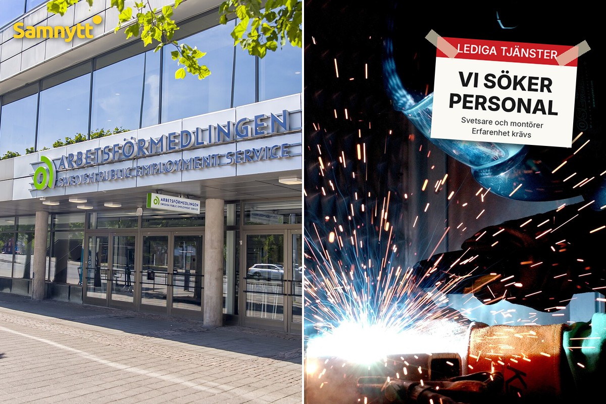 Montage: Arbetsförmedlingens kontor i Malmö till vänster, och till höger en svetsare i arbete med en lapp där det står ”Vi söker personal”.