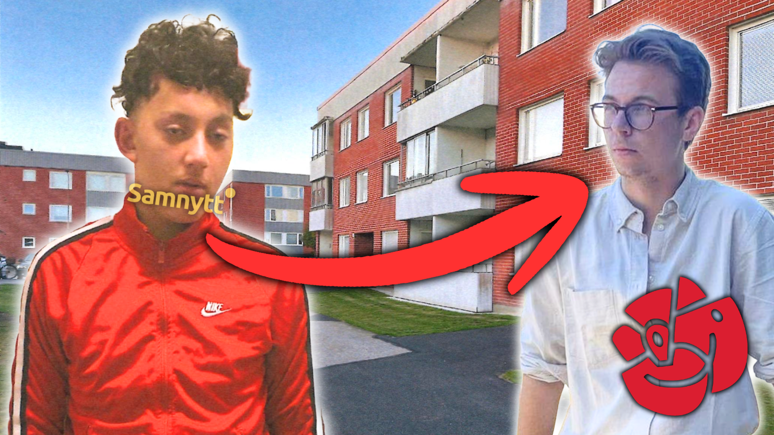 Vänster: Amin Bouselmi. Mitten: Röd pil. Höger: Theo Horvath. Bakgrund: Bostadsområde