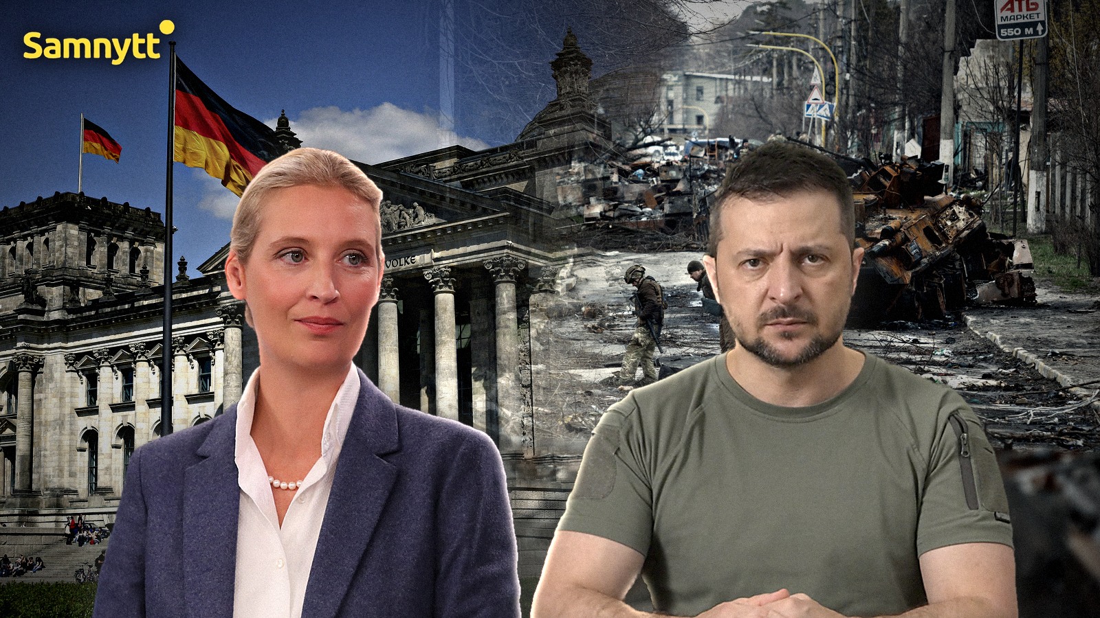 Montage: Alice Weidel framför förbundsdagen i Berlin och Volodymyr Zelenskyj framför utbrända stridsfordon.