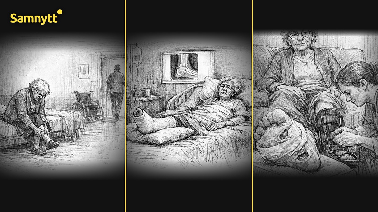 Tredelad kolskiss: en äldre kvinna med smärta i foten på ett äldreboende, samma kvinna i sjukhussäng med gips, och personal som sätter en stövel på hennes friska fot medan den skadade, lindade foten har trycksår.