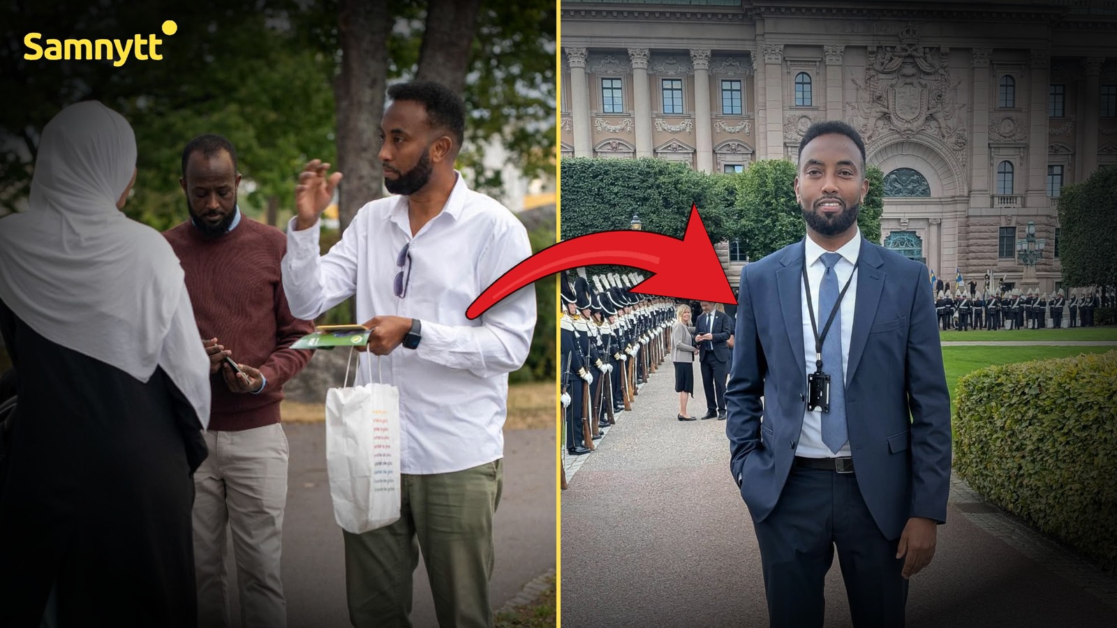 Montage: till vänster en man i vit skjorta som delar ut flygblad i en park, till höger samma man i kostym utanför Riksdagshuset med vaktparad, med en röd pil mellan bilderna