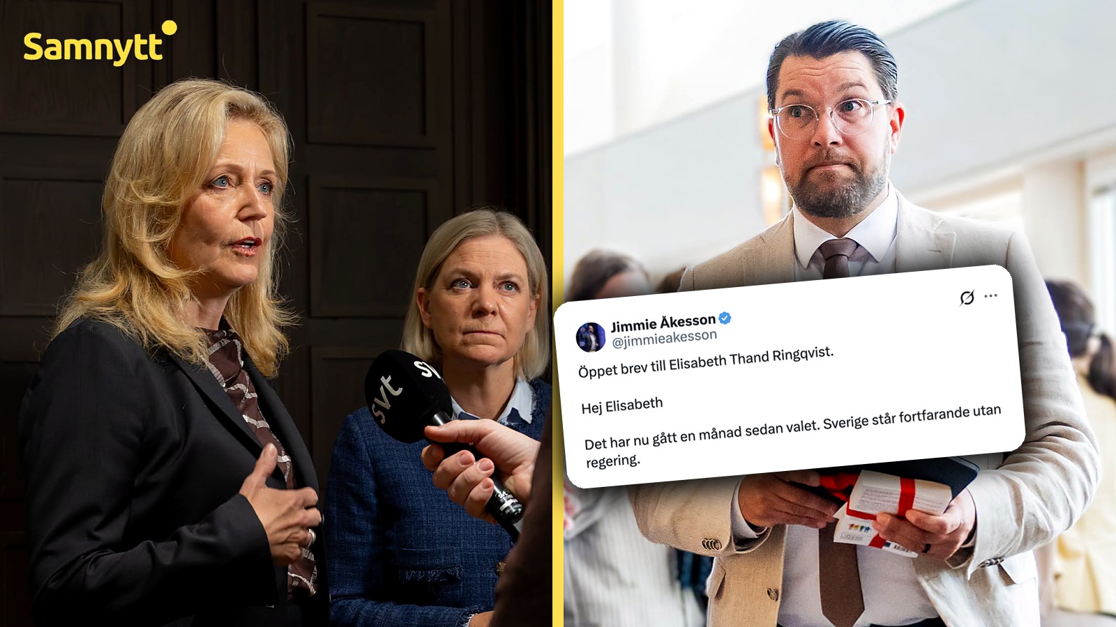 Montage: till vänster Elisabeth Thand Ringqvist och Magdalena Andersson intervjuas av SVT, till höger Jimmie Åkesson med hans öppna brev på X i mitten