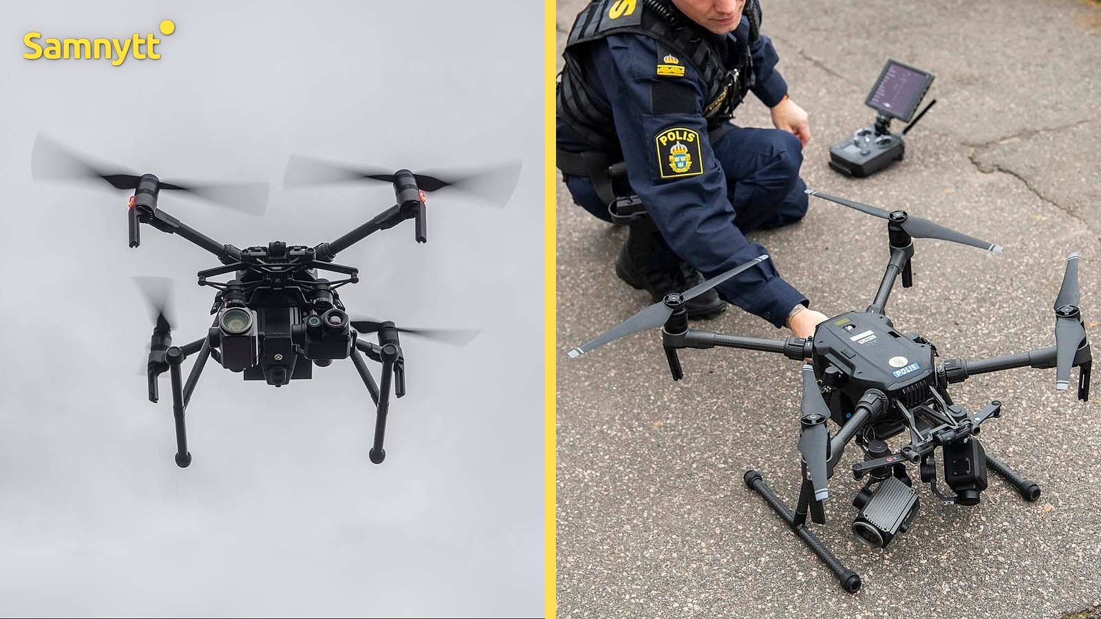 Montage: till vänster en polisdrönare i luften mot grå himmel, till höger en polis i uniform med POLIS-märke som sitter på huk med handen på en drönare på asfalten