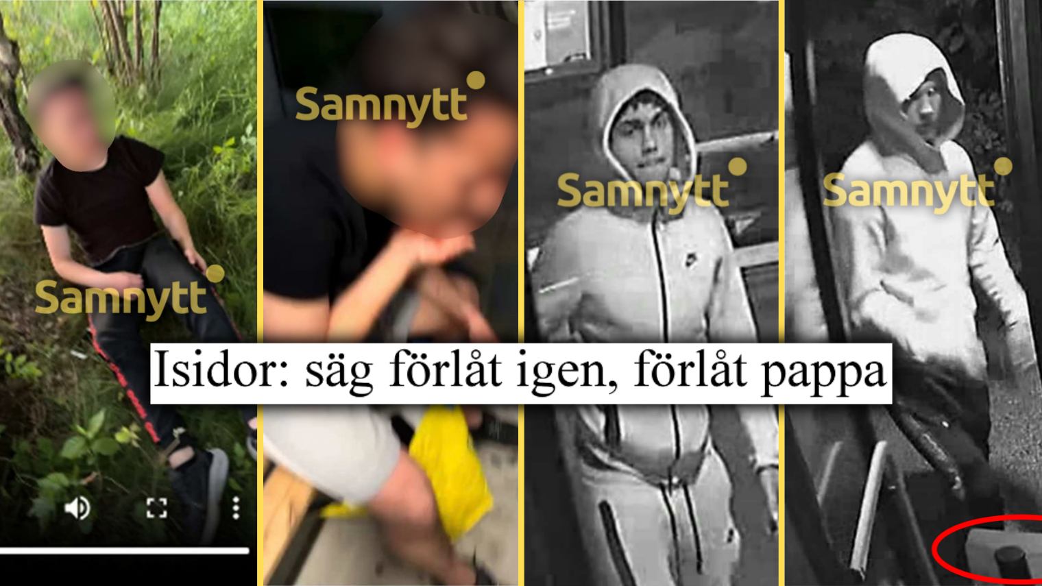 Till vänster. Offret sitter mot ett träd, offret sitter i en busskur. Till höger: Luca Zaloznik Shahin och Isidor Widesson.
