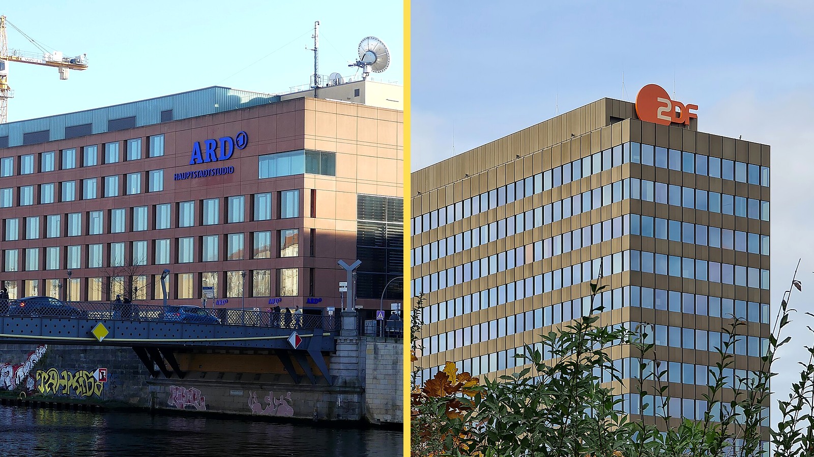 ARD:s huvudstadsstudio vid Spree i Berlin med ARD-loggan på fasaden, bredvid ZDF:s höghus i Mainz-Lerchenberg med den orange ZDF-loggan på taket.