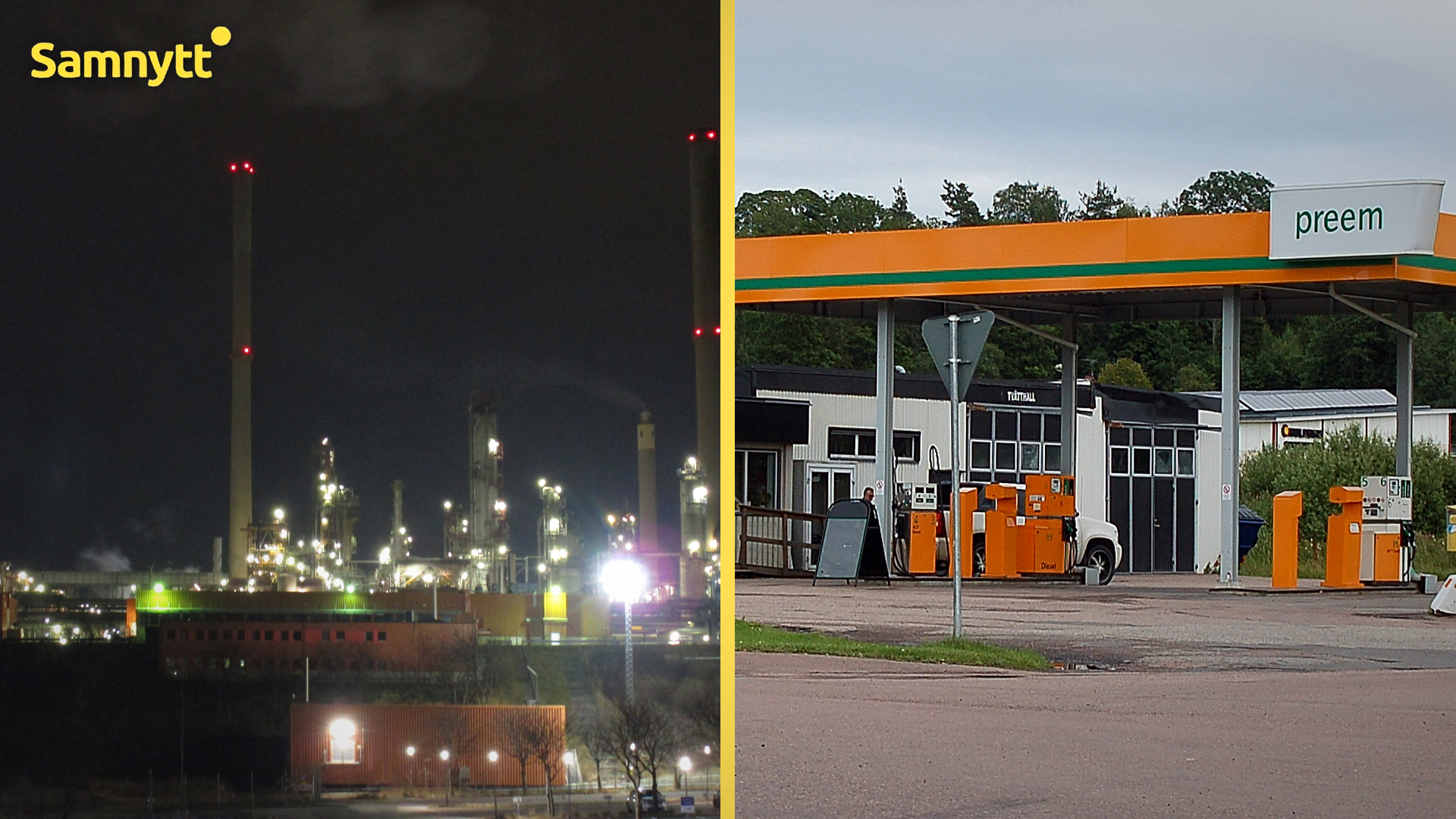 Tvillingbild: Preems raffinaderi i Lysekil upplyst i mörker till vänster, en Preemmack med orange tak till höger, åtskilda av en gul linje.