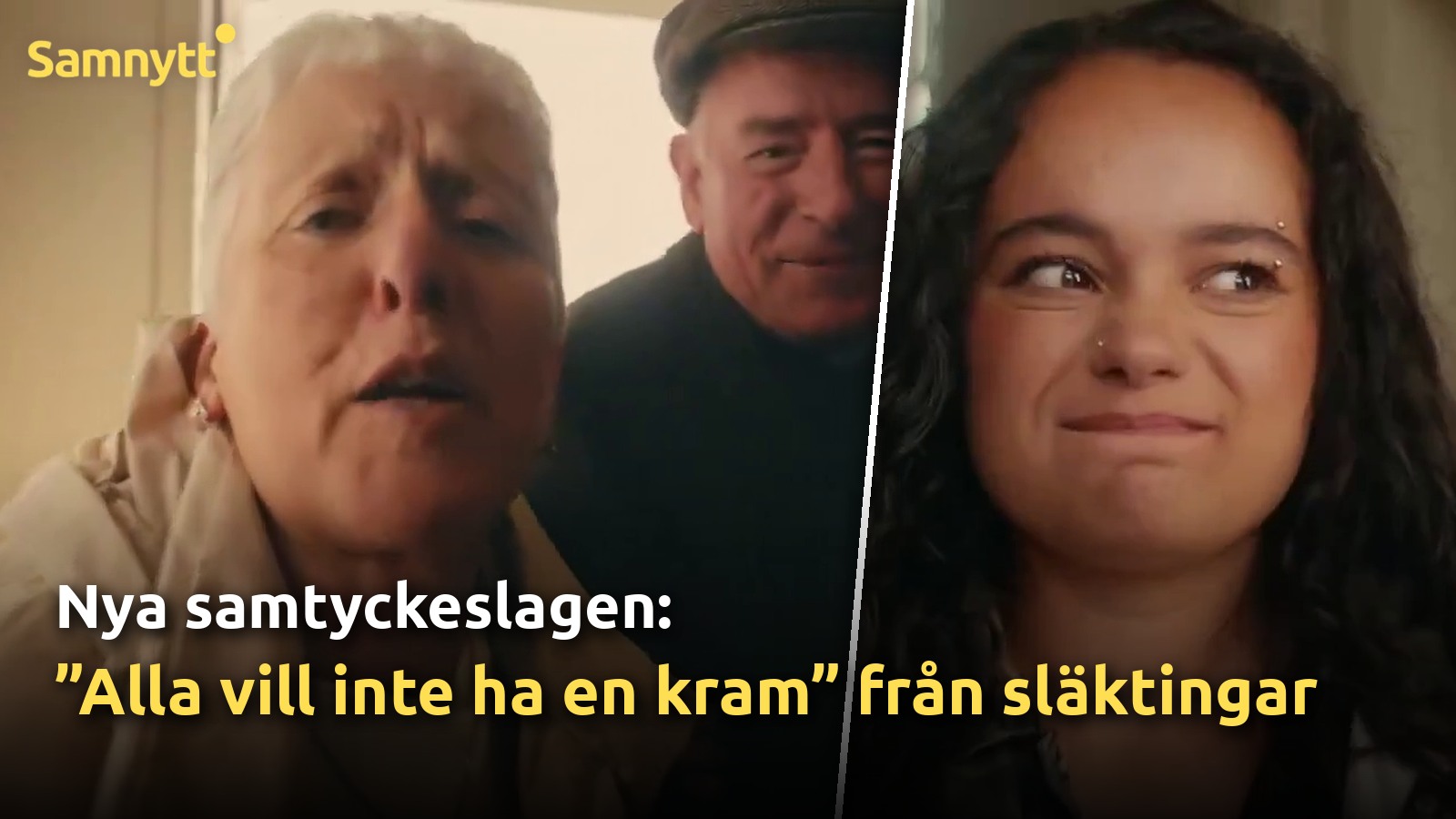 Till vänster ett äldre par som lutar sig fram mot kameran för att kramas. Till höger en tonårsflicka med ett besvärat leende. Text: Nya samtyckeslagen: ”Alla vill inte ha en kram” från släktingar