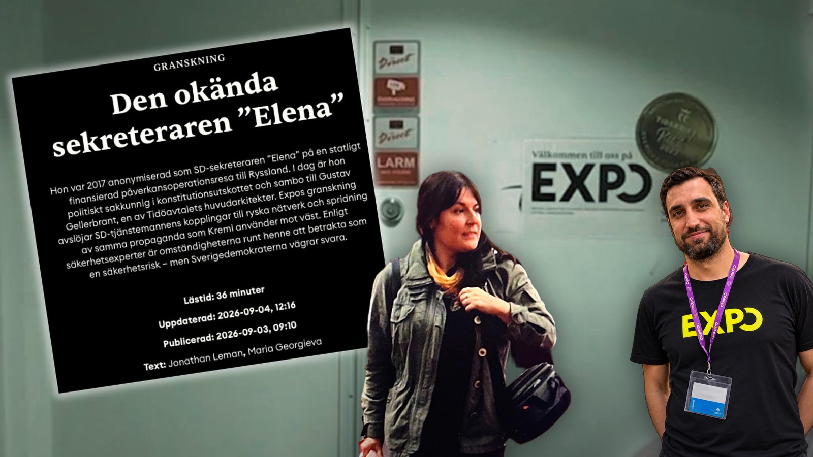 Maria Georgieva och Jonathan Leman framför Expos kontor. Foto: Montage / Expo / Sociala medier