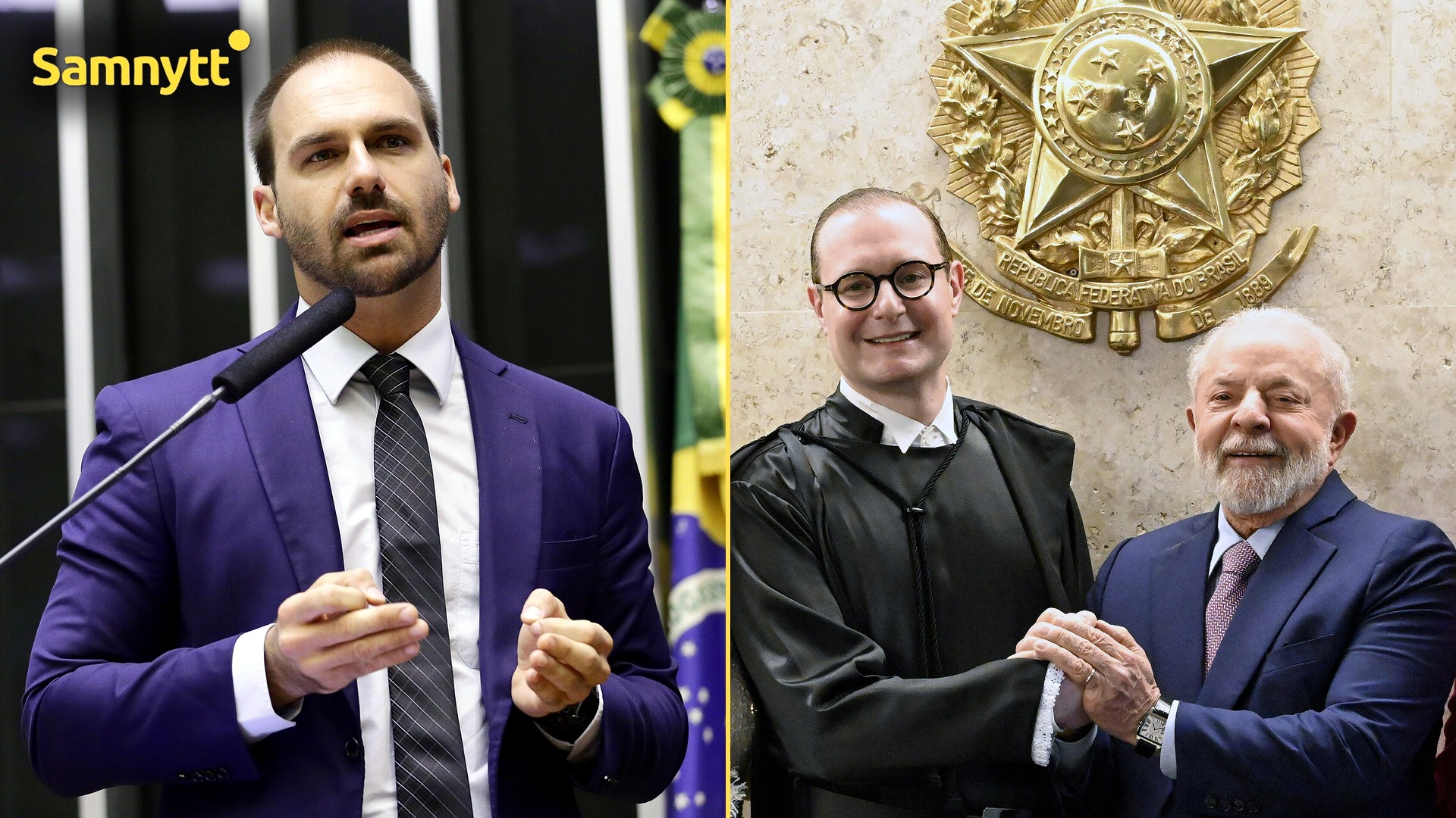 Eduardo Bolsonaro till vänster och HD-domaren Cristiano Zanin som skakar hand med Lula da Silva i Högsta domstolen till höger