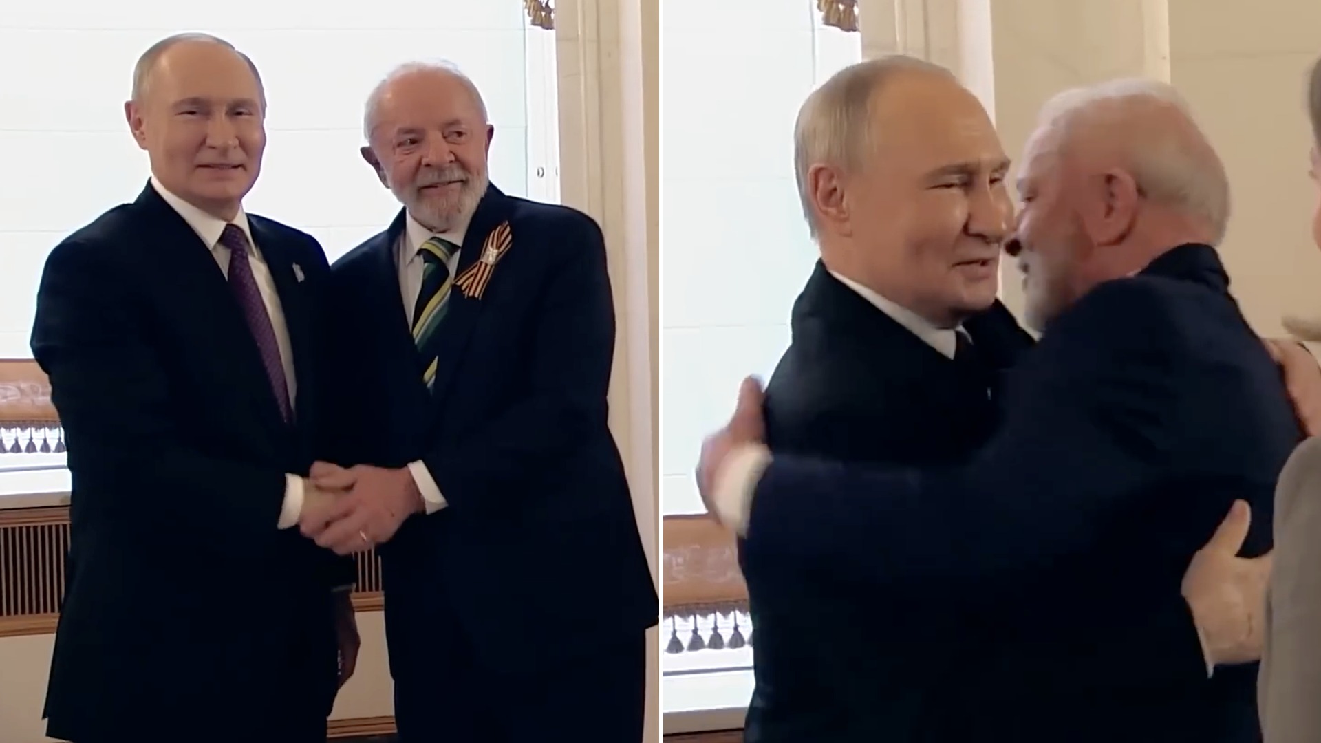 Vladimir Putin och Luiz Inácio Lula da Silva skakar hand och kramar om varandra i Moskva