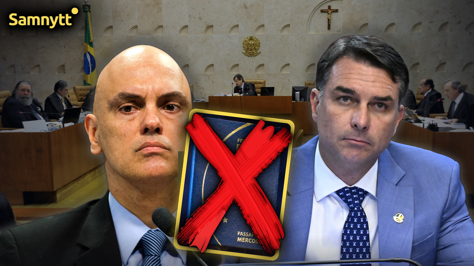 Alexandre de Moraes, Flávio Bolsonaro och ett överkryssat brasilianskt pass framför Brasiliens högsta domstol