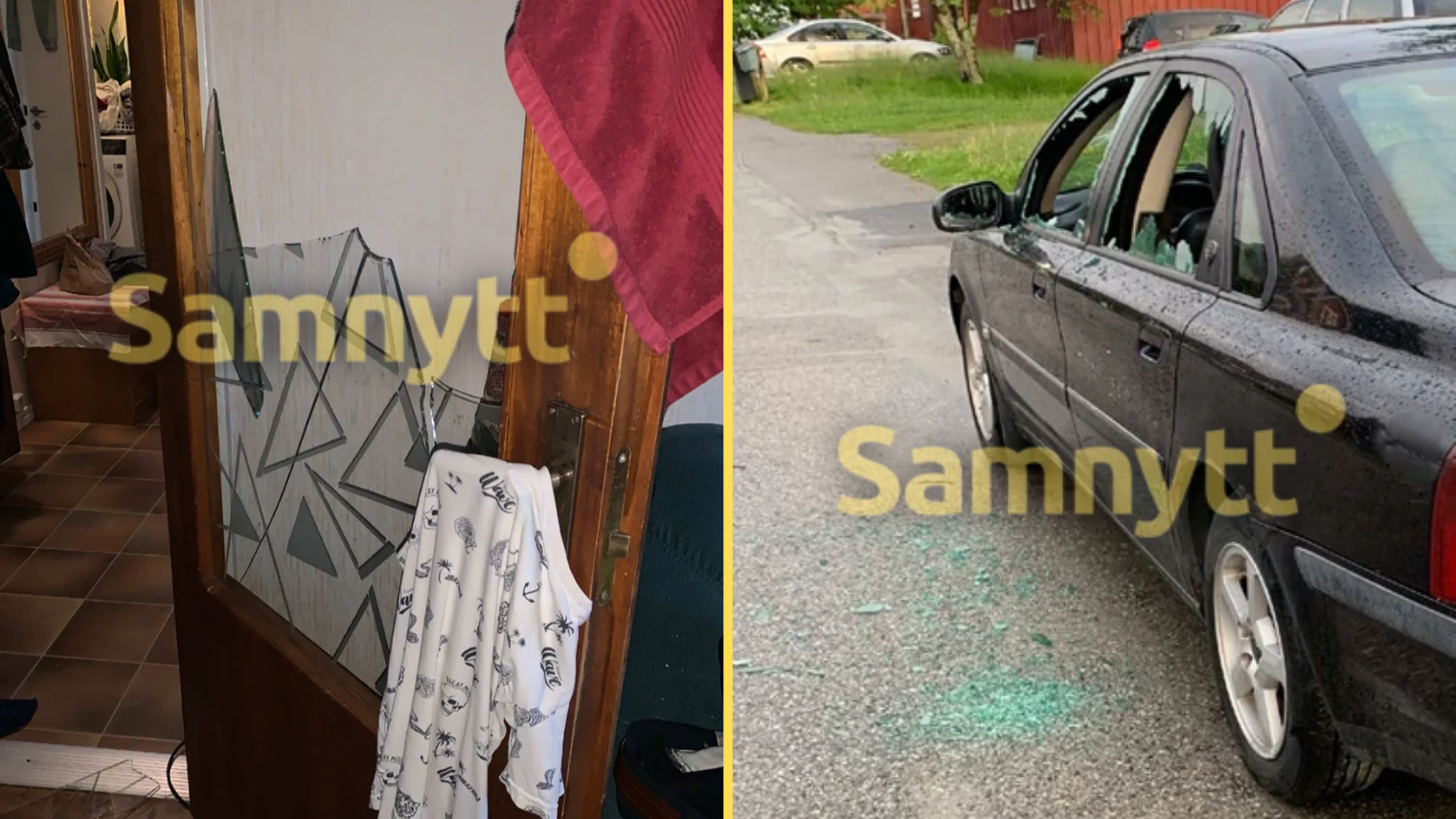 Till vänster: Trasig innerdörr. Till höger: Trasiga bilrutor