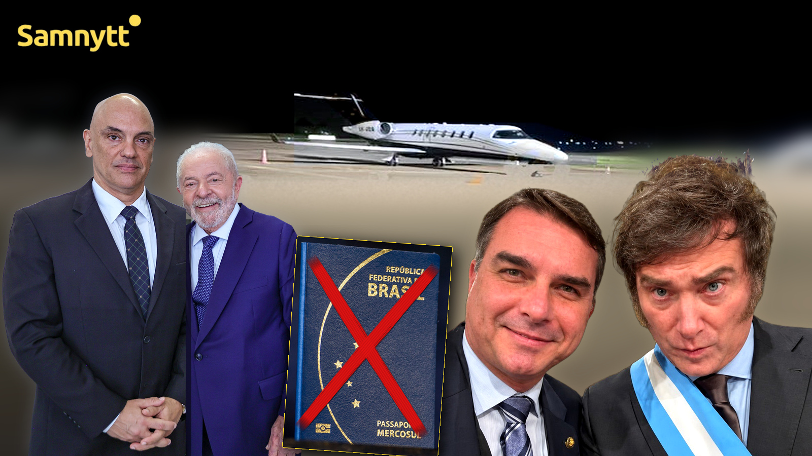Alexandre de Moraes, Lula da Silva, överkorsat brasilianskt pass, Flávio Bolsonaro och Javier Milei framför privatjet.