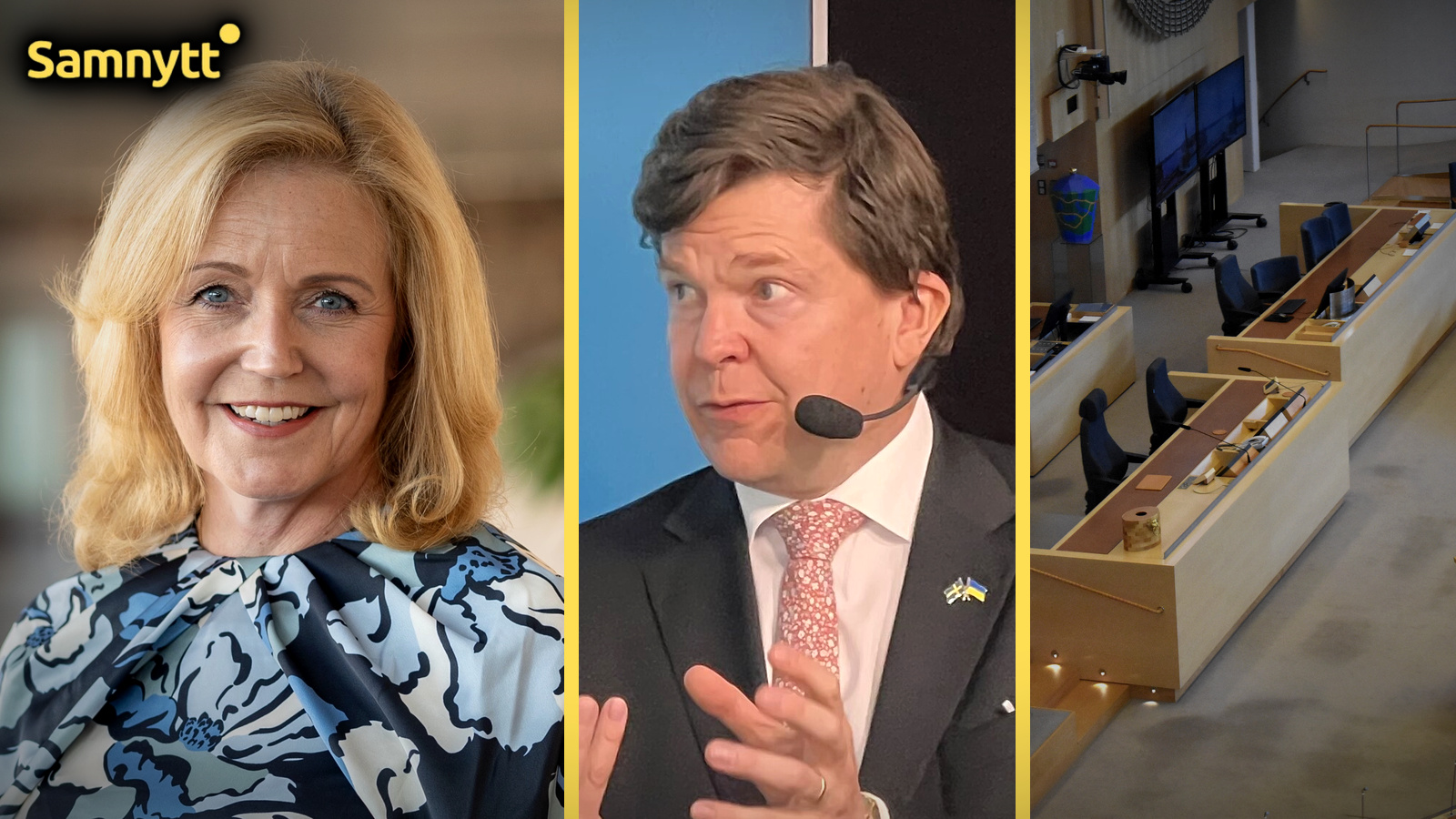 Montage i tre fält: Centerpartiets ledare Elisabeth Thand Ringqvist, talman Andreas Norlén och riksdagens plenisal.