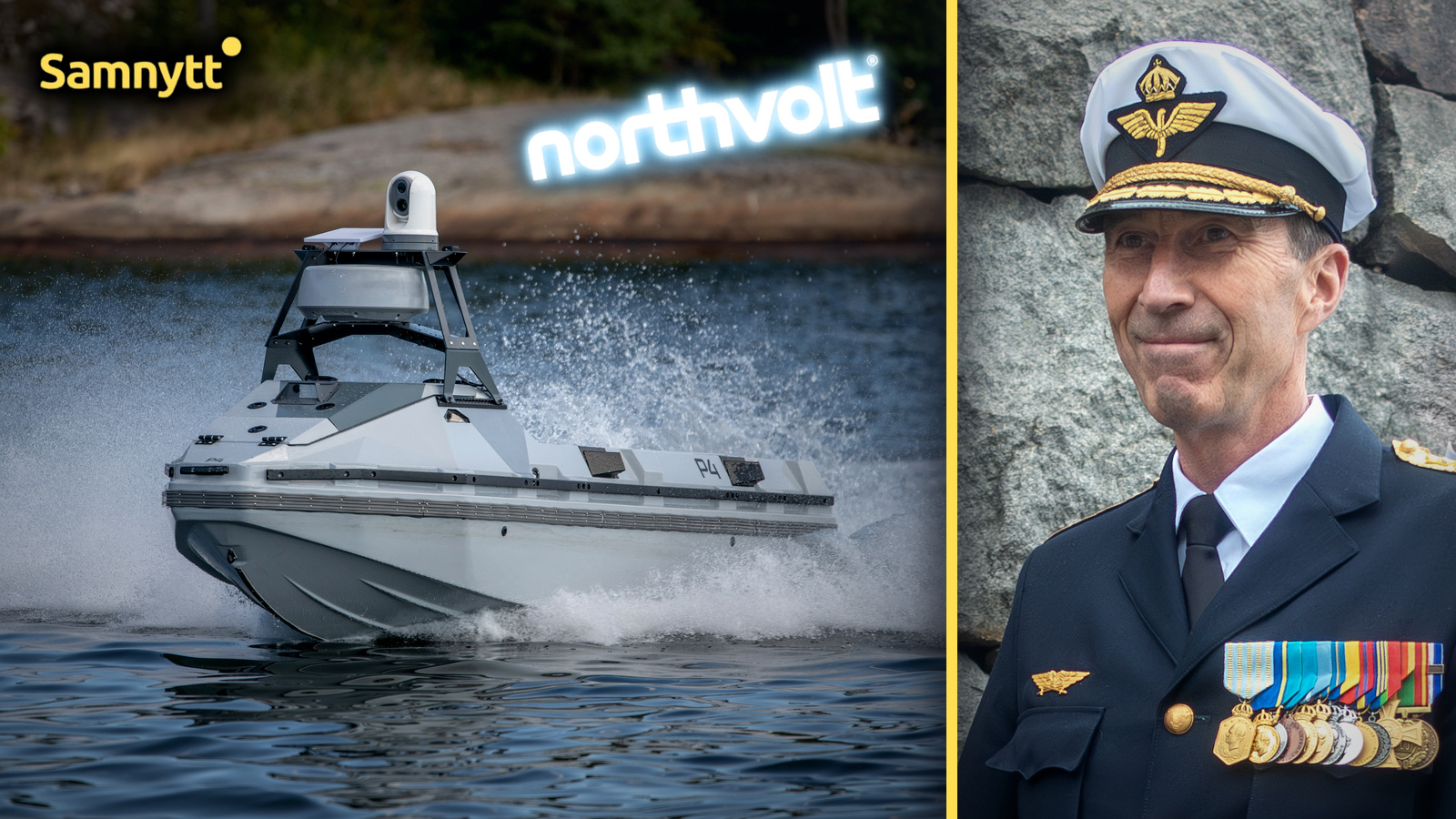 Nautriks drönarbåt Riverine 4 på havet, Northvolt-logotyp och förre överbefälhavaren Micael Bydén
