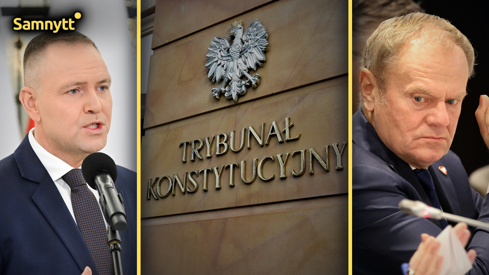 Montage i tre paneler: Polens president Karol Nawrocki talar vid en mikrofon, entrén till Polens författningsdomstol med örnen och skylten Trybunał Konstytucyjny, och premiärminister Donald Tusk med allvarlig min.