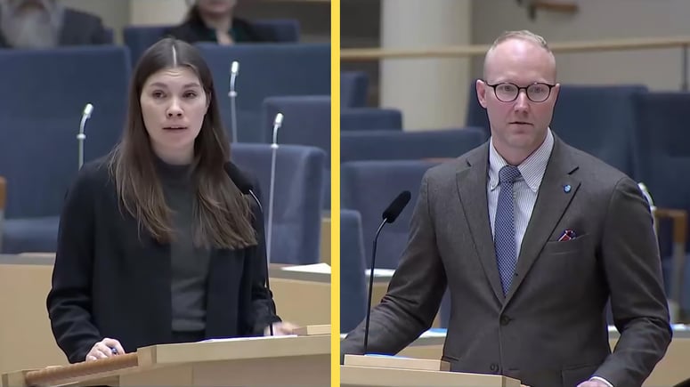 Artikelbild för artikeln: Dåligt påläst Hirvonen (MP) vägrade debattera mot Aspling (SD) i riksdagen