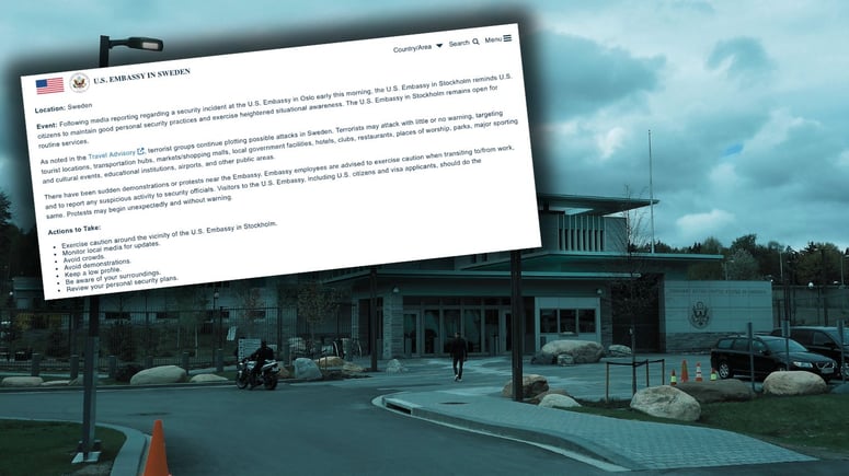 Artikelbild för artikeln: USA varnar i Sverige - efter bombdåd mot ambassaden i Norge