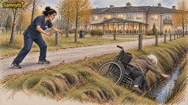 Artikelbild för artikeln: Rullstolsburen pensionär rullade ned i dike och dog - framför äldreboendets personal