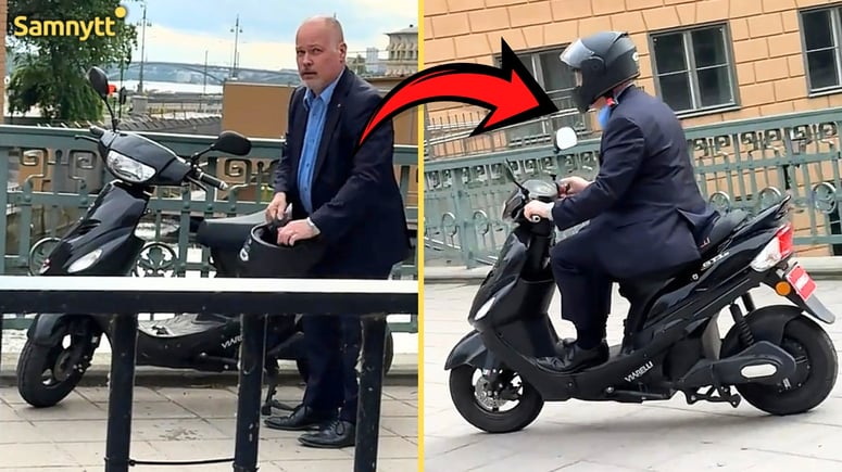 Artikelbild för artikeln: VIDEO: Här flyr S-toppen på moped när han konfronteras - "Hur känns det att ha förstört sitt eget land?"